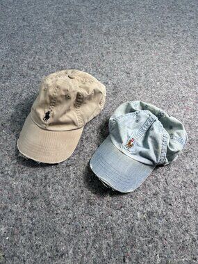 LOT OF 2 VTG Polo Ralph Lauren Denim Hats Leather StrapBack Men’s Cap Pony